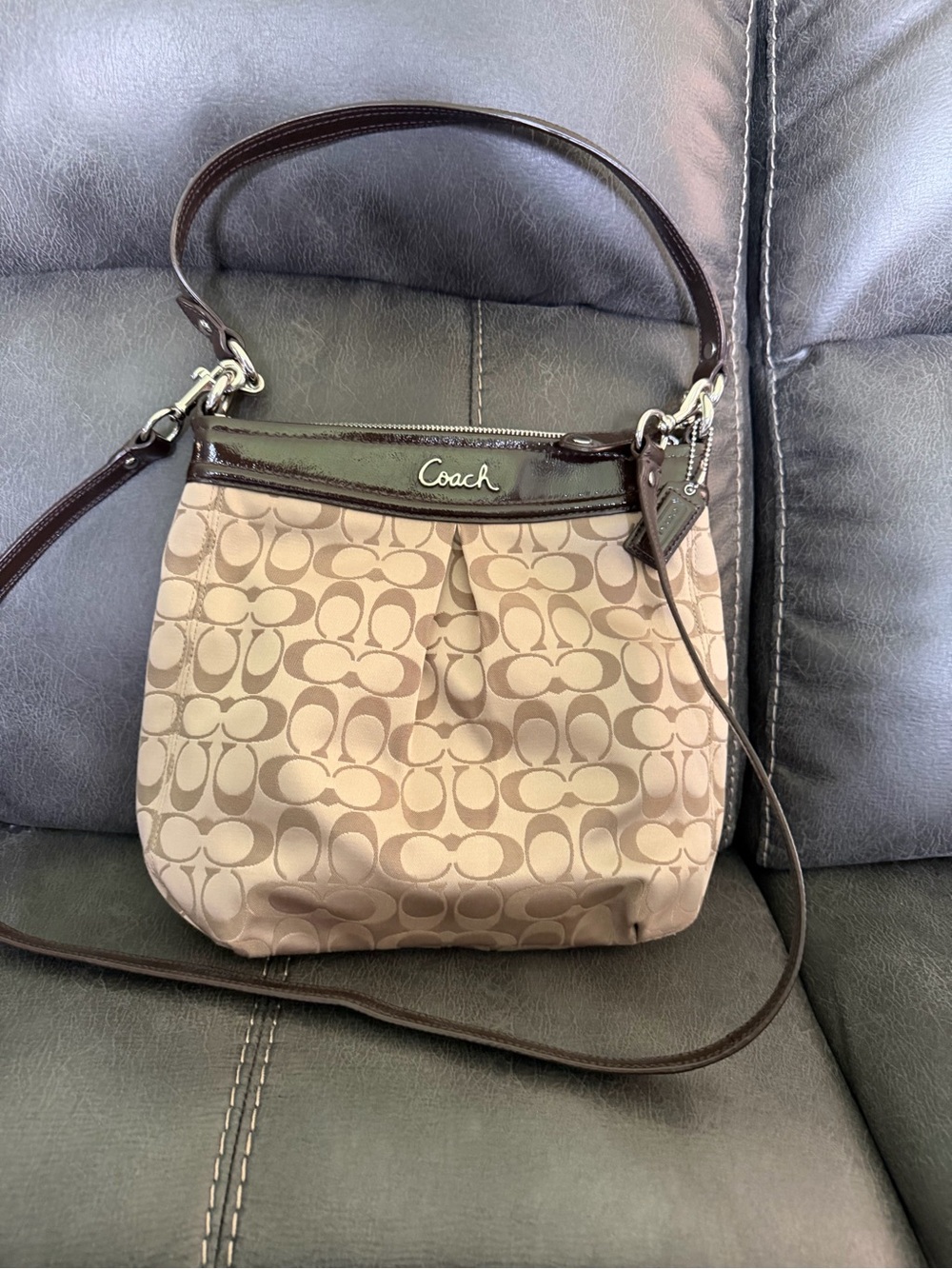 Coach Khaki and Brown Signature Pleated Shoulder Bag